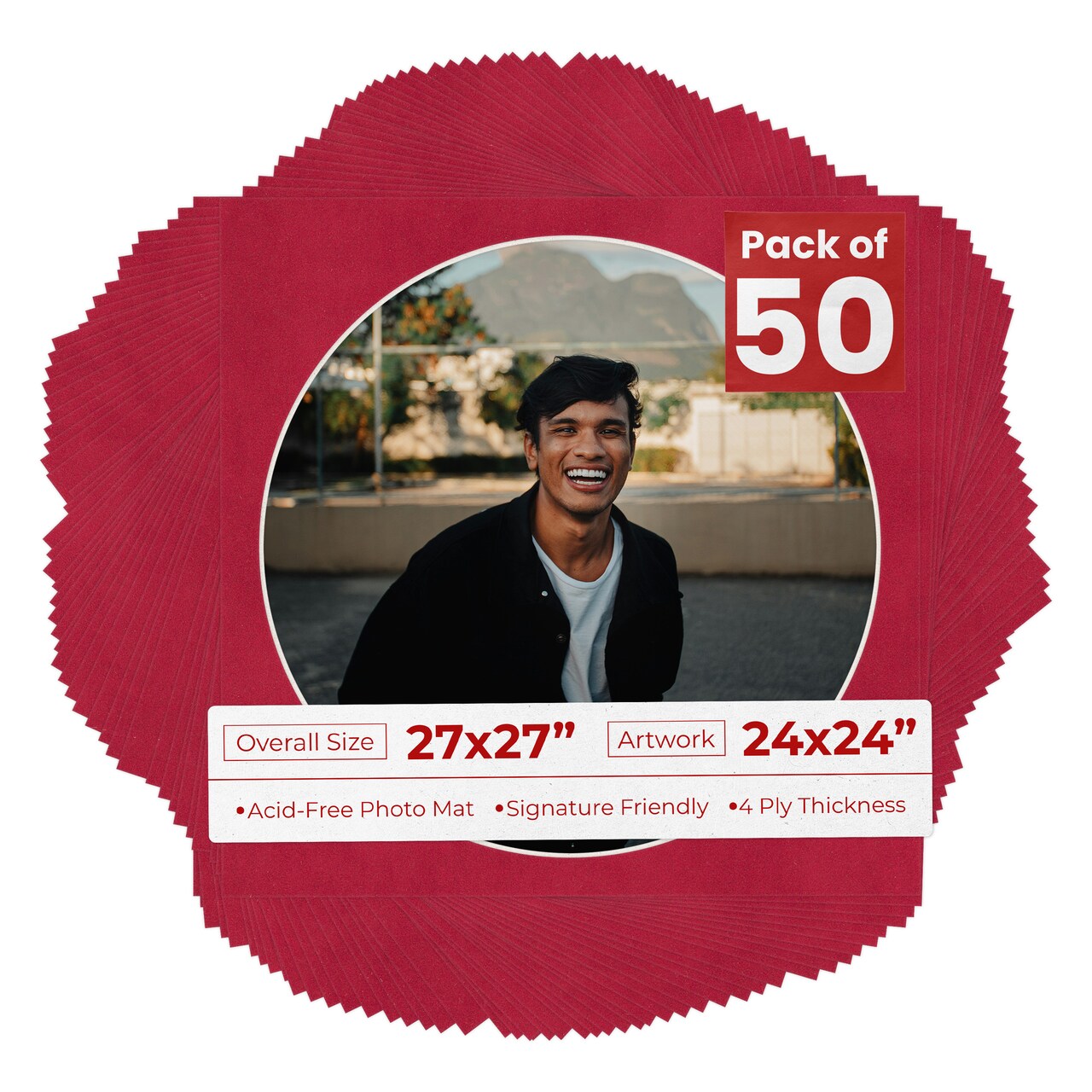 Red Suede Mat Board for 27x27 Frames - Circle Opening for 24x24 Photos